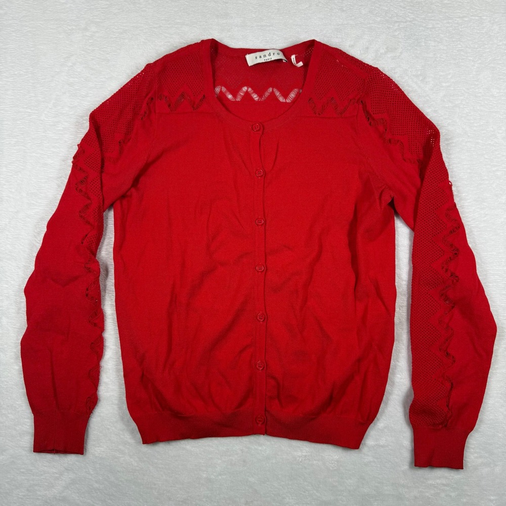 Sandro Paris Womens Red Pointelle Zigzag Knit Button Front Cardigan Sweater‎ 1